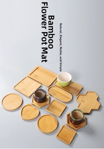 Detailed top view of natural bamboo flower pot trays in various geometric shapes and patterns