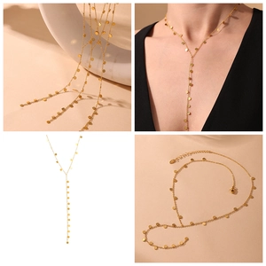 Detail of 18k gold plated Y-shaped tassel necklace with small disk charms for women