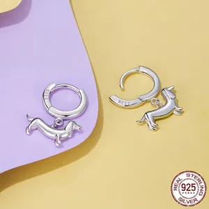 Cute S925 sterling silver dachshund puppy drop earrings for women with polished finish