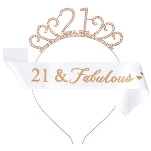 Detail of 21 & Fabulous birthday set with rose gold rhinestone tiara and white satin sash