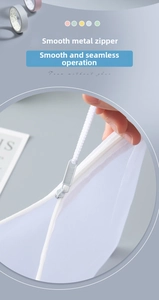 Close-up of smooth white mesh storage bag with durable grey plastic zipper detail