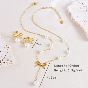 Elegant gold stainless steel pearl bow necklace and earrings set with dimensions detail