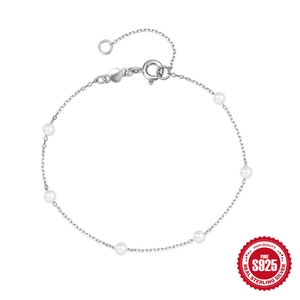 Elegante pulsera de plata de ley S925 con seis perlas blancas redondas en una cadena