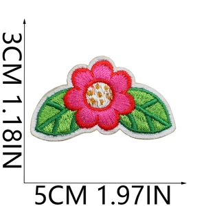 Close-up of pink flower embroidery patch with green leaves and size dimension details