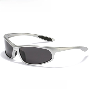 Detail view of silver sports sunglasses with dark grey UV lenses and anti-slip rubber pads