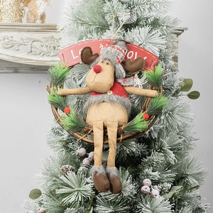 Christmas rattan wreath with reindeer plush doll and 'Let it Snow' banner decoration