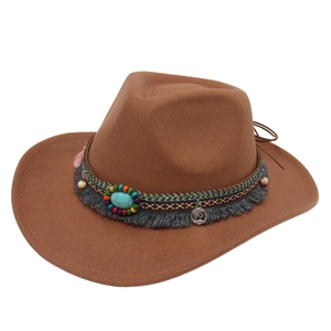Brown wool felt western hat featuring turquoise beads and ethnic tassel band