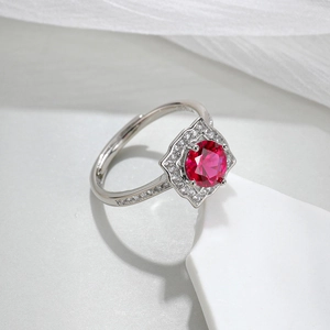 Fashion Adjustable Square Halo Ring For Women Silver Plated Copper With Zirconia Red Corundum Spinel Engagement Jewelry Gift