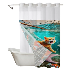 Waterproof waffle shower curtain with creative diving cat print and metal grommets