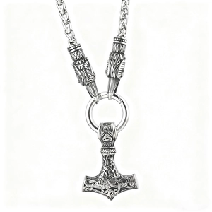 Vintage Thor's Hammer Mjölnir pendant in silver steel with a heavy woven metal chain