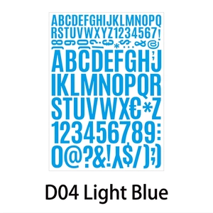 Macro shot of light blue vinyl letter and number stickers showing waterproof matte texture