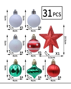 Detailed 31-piece set of red and green Christmas ornaments with sizes and textures