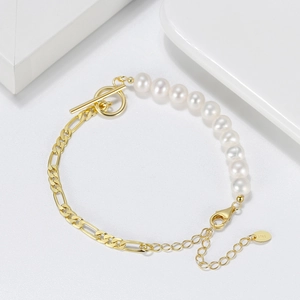 Bracelet en argent sterling S925 avec perles d'eau douce 6mm et chaîne Figaro dorée