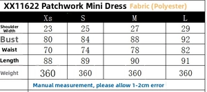 Size chart detail for patchwork mini dress showing measurements from XS to L