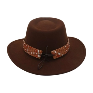 Detail of brown wool fedora with ethnic woven band and silver stud accents