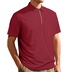 Men's slim fit quarter-zip polo shirt in burgundy waffle knit fabric for summer leisure