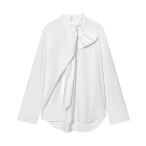Chemise À Manches Longues En Popeline Blanche Avec Grand Nœud Élégante Blouse Décontractée Ample Pour Femmes Haut De Bureau