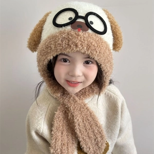 Detailed plush texture of kids fleece bear hat with cute puppy embroidery and ear flaps