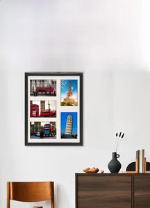 Modern 5-aperture dark wood photo frame displaying European landmarks on a white wall