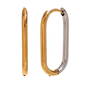 Minimalist oval two-tone earrings in 18K gold and silver finish on white background