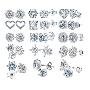 Detail view of various S925 sterling silver stud earrings with moissanite in diverse shapes