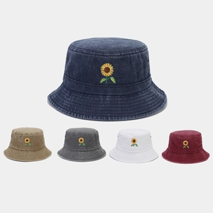 Vintage πλυμένα βαμβακερά καπέλα bucket με κέντημα ηλίανθου σε πέντε κλασικά χρώματα