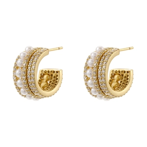 Elegant C-shaped gold hoop earrings with white pearls and sparkling zircon accents