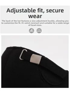 Close-up of adjustable metal buckle on black winter baseball cap for custom sizing