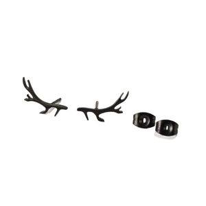 Minimalist black stainless steel reindeer antler stud earrings for women on white background