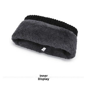 Macro detail of men's winter headband showing thick black knit and grey fleece lining