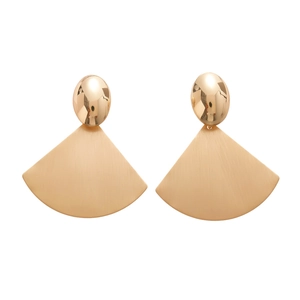 Minimalist gold fan earrings with brushed metal texture and oval studs on white background