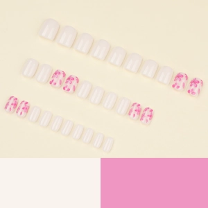 Short square creamy white press-on nails set with delicate hand-painted pink flower patterns