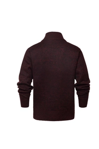 Detail view of the back of a dark red men's slim fit cardigan with knitted rib texture