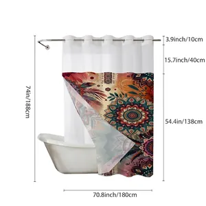 Size chart for 72x74 inch waffle weave mandala shower curtain with detailed measurements