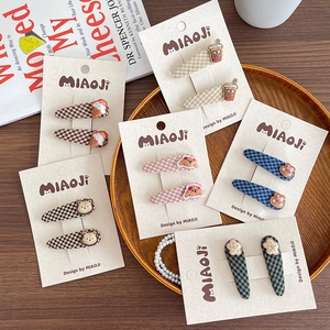 Kids Hair Clips Fabric Wrapped Plaid Pattern Cartoon Bear Embroidery BB Side Clips Cute Korean Style For Girls