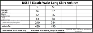 Detaillierte Größentabelle für den elastischen Maxirock mit Stoff- und Waschanleitung