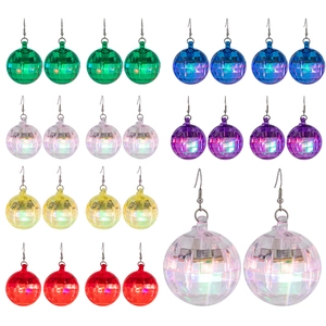 Macro detail of various colored glowing disco ball earrings in faceted acrylic finish