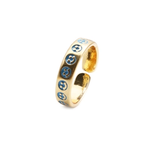 Fashionable gold-plated adjustable ring with blue smiley faces on white background