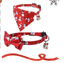 Detailed view of Christmas dog bandana and bowtie set with festive snowman patterns