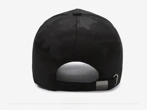 Rear view of black camouflage baseball cap with adjustable metal strap buckle