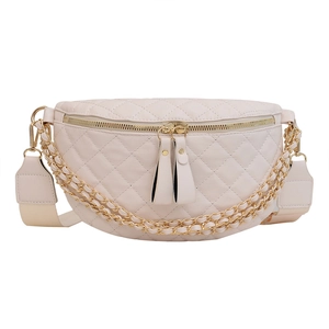 Chic beige quilted waist bag with gold chain and dual zipper in a crossbody style