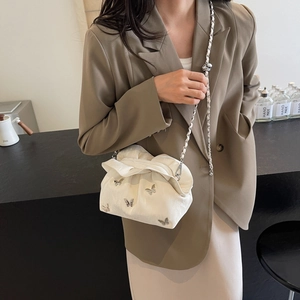 White pleated bucket bag for women with silver butterfly accents and chain strap