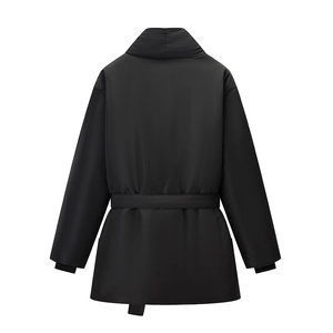 Women's solid black insulated cotton coat with waist tie and loose fit, back view