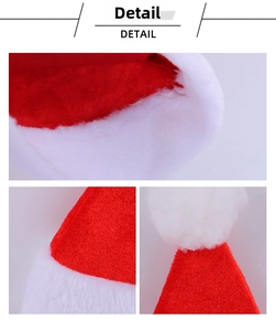 Macro detail of red velvet Christmas hat with soft white plush brim and fluffy pompom