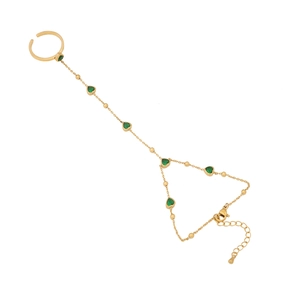 Gold finger bracelet with emerald heart charms and adjustable stainless steel chain