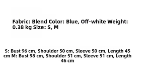 Detailed size chart for women's round neck knit sweater set in blue and cream colors