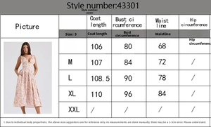 Detailed size chart for the slim floral V-neck maxi dress with measurements for S to XL