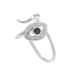 Detailed view of silver evil eye nail ring with black stone and pave crystals
