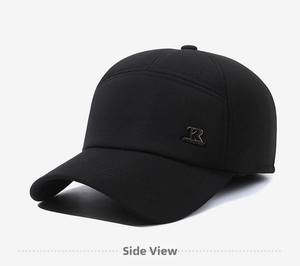 Detail view of a black winter baseball cap with ear protection and a metal R logo badge