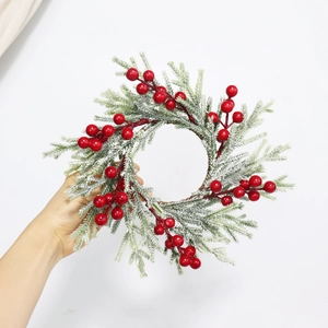 Christmas Candle Ring Wreath Frosted Artificial Pine Needles Red Berries Tabletop Xmas Party Decor Holiday Ornament
